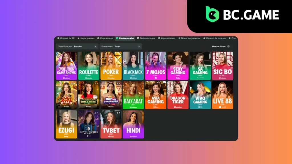 Seção de jogos ao vivo no BC Game